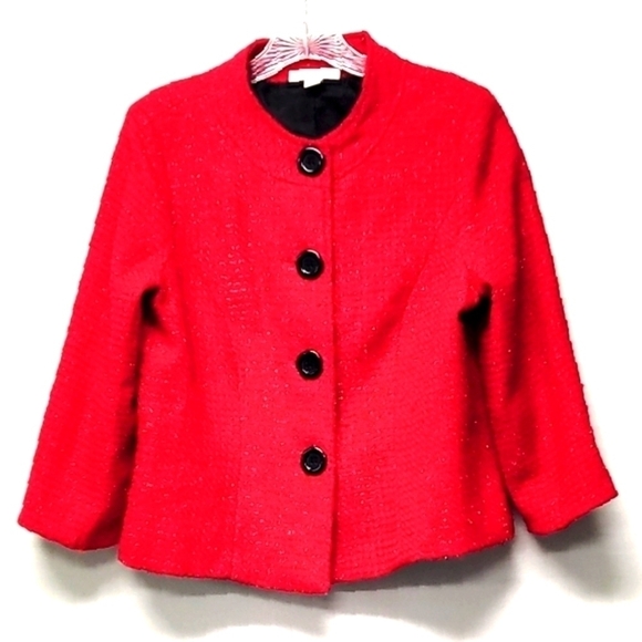 Dress barn red petite cropped crew neckline button down blazer Size: M - Picture 1 of 4